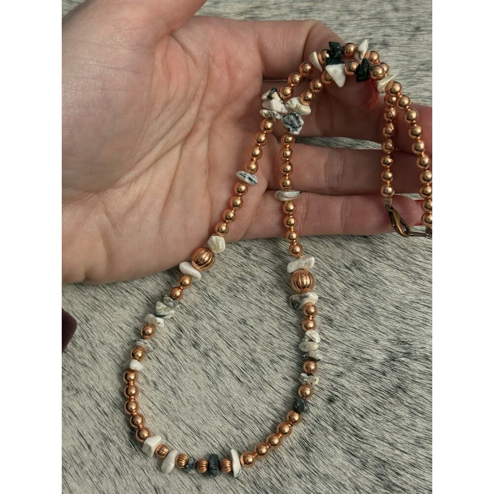 Copper Navajo Pearl Black & White Buffalo Turquoise Chips Necklace 18”